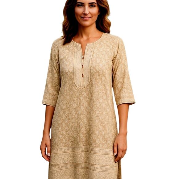 Women's Large Beige Heavily Embordered Long Slit Maxi BOHO Dress Miss Sz 12 14 L - Picture 1 of 6